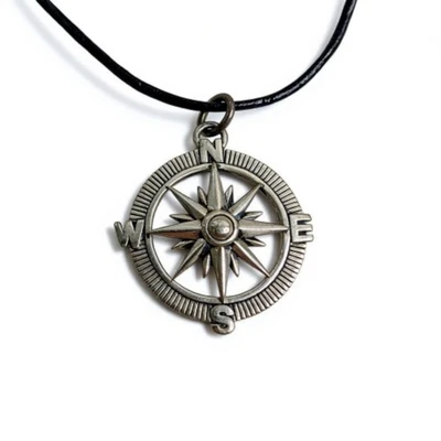 Collar Colgante Brújula Plata de Ley 925 Cordón Cuero Estrella del Norte Náutico 6g Foto 1 de 4
