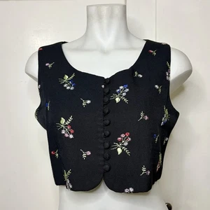 Vintage 90s Express Black Floral Embroidered Cropped Button Up Vest  - Picture 1 of 5