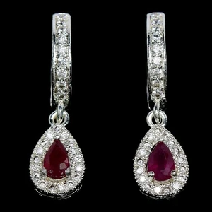 GENUINE AAA PINK RED RUBY & WHITE CZ BRASS WHITE GOLD PLATED DANGLE EARRING - Picture 1 of 6