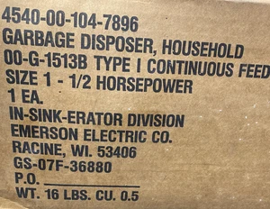 Garbage Disposal 1/2 HP Size 1 Emerson Electric 00-G-1513B NSN 4540-00-104-7896 - Picture 1 of 1