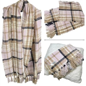 Charter Club Scarf Shaw Plaid Fringe Pink Beige Cozy Soft - Picture 1 of 8