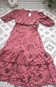 Pretty Boho Paisley Floral pink Black Mix Midi Belted Dress 👗 Bnwt 14 12 F&F - Picture 1 of 8