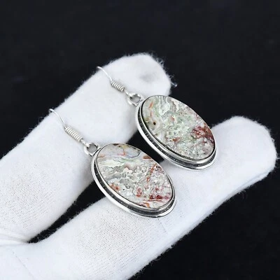 Naturale Pazzo Pizzo Agata Gemma Orecchini 925 Argento Sterling Fatto a Mano - Immagine 1 di 4