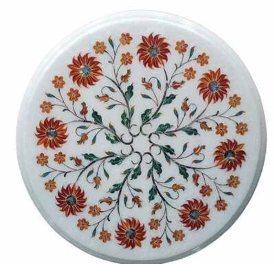 Tampo de mesa de mármore branco 12 pol. café incrustado malaquita feito à mão decoração para casa sala w1 - Imagem 1 de 3