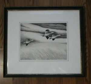 Dibujo a tinta de gansos de nieve William Downey enmarcado firmado y fechado 1985 - Imagen 1 de 9