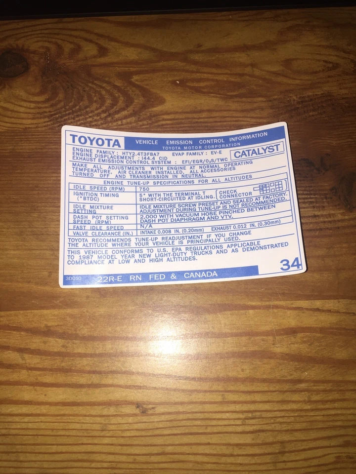 Toyota 1987 camioneta pickup/4runner calcomanía de emisiones repro 22re alimentación #34 Foto 1 de 1