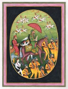 Sikh Painting Of Maharaja Ranjit Singh On Horse With His Admirers 8.5x11.5Inches