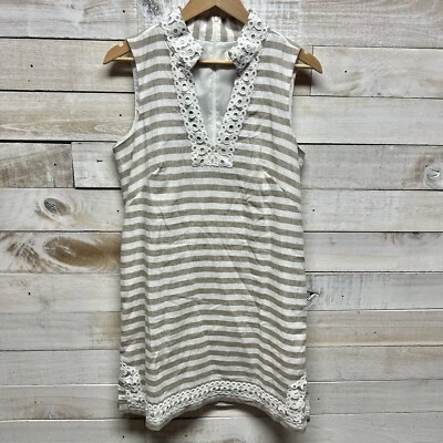 Eliza J 连衣裙女式 10 米色白色亚麻棉无袖条纹 Cottagecore — 第 1/4 张图片