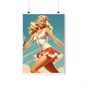 Sexy Blonde Tennis Pinup Girl Premium Matte Vertical Poster - Picture 1 of 17