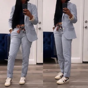 Business Seersucker Women Suits Formal Office Ladies Jacket Pants Notch Lapel - Picture 1 of 32