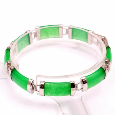 Brazalete Brazalete Genuino Jade Verde Chapado en Oro Blanco Cierre Mujer Dama Niña Foto 1 de 4