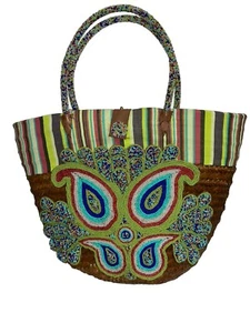 African Handmade Straw Fabric Tote Handbag Beads Double Handles - Picture 1 of 6