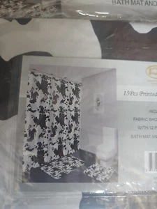 15 PCs Cow Print Bathroom Rug Set Shower Curtain Bath Mat Set - Picture 1 of 2