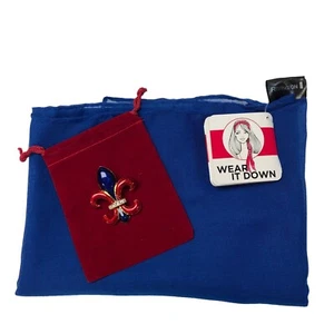 Royal Blue Neck/Hair Scarf With Red & Blue Fleur De Lis With Faux White Stones - Picture 1 of 6