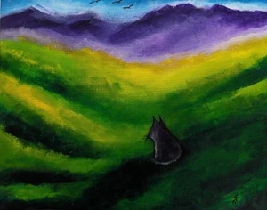 Pintura original abstracta de gato negro paisaje cielo aves arte por Samantha McLean - Imagen 1 de 1