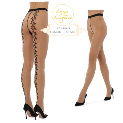 Floral Tights Wolford L Fairly Light Black Transparent Pantyhose Seam Design - Image 1 of 4