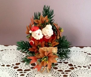 Mr. & Mrs. Santa Clause Vintage Christmas Decoration Wicker Sleigh Poinsettias - Picture 1 of 10