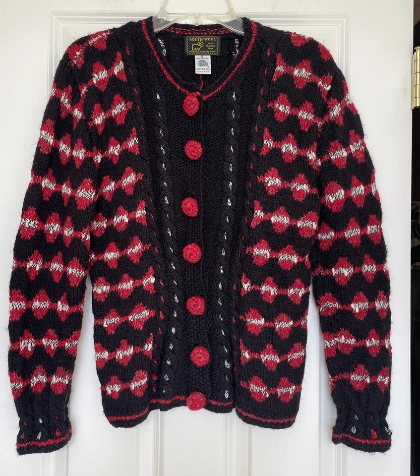 Cárdigan De Colección South Wool Tejido a Mano Colorido Lana Abotonada Talla S Geo Estampado Foto 1 de 4