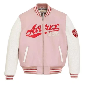 Men's Avirex Pink & White Real Leather American Flight Leather Biker Jacket - Picture 1 of 6