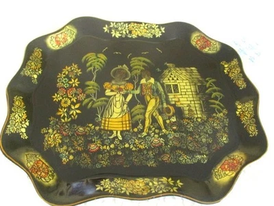 Painted Antique Folk Art Stencil Tole Tray -Colonial Lovers, Flowers, Red Rose - Image 1 of 4