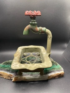 Rustic Country Metal Faucet Soap Dish Patina Metal Red Knob Kitschy - Picture 1 of 7