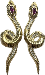 Genuine Ruby Diamond Snake Earrings 14K Yellow Gold on Solid 925 Multi-Gemstone - Picture 1 of 12