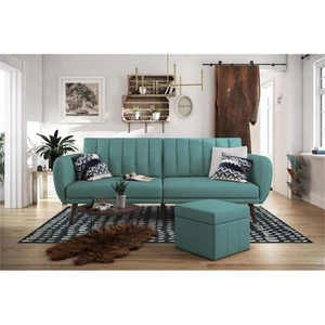 Pemberly Row Upholstered Linen Futon in Light Blue - Picture 1 of 5