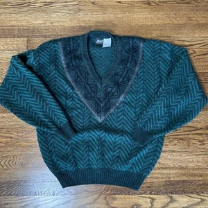VTG 90s Impact Mens L V Neck Pullover Sweater Leather Trim Green Black - Picture 1 of 8