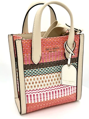 NWT Kate Spade Manhattan Woven Striped Plaid Mini Tote Light Pink Bag Purse - Image 1 of 4
