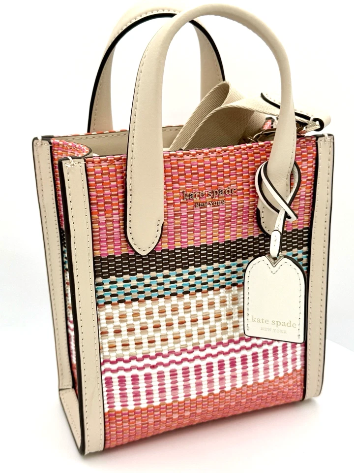 NWT Kate Spade Manhattan Woven Striped Plaid Mini Tote Light Pink Bag Purse - Image 1 of 4