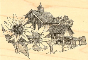 Sunflower Country Barn Farm Wood Mounted Rubber Stamp Impression Obsession H1157 - Picture 1 of 4