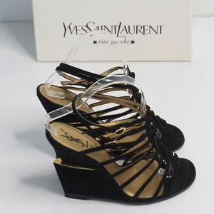 YSL Yves Saint Laurent Heels EU 40.5 Strappy Wedge Suede Black Gold rrp $1380 - Picture 1 of 19