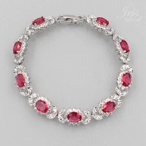 Women White Gold Plated Pink Red Cubic Zirconia Tennis Bracelet 7.5 In 8624 - Picture 1 of 6