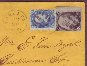 #92 + #93 - SCARCE COMBO with GRILLS - YONKERS NY Cover - FANCY CANCELS - RARE ! - Picture 1 of 3