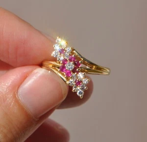 14k Solid Gold Natural Ruby & Earth Mined Diamond Flower Ring - Cluster Floral 4 - Picture 1 of 14