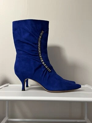 Botas puntiagudas Marc Jacobs azul gamuza cuero cristal gatito tacón 39 Foto 1 de 4