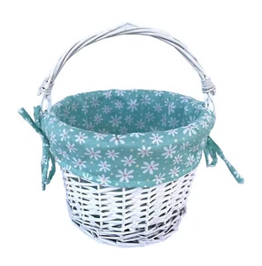 White Wicker Basket, Handle Folds Down, Aqua Blue Fabric Liner W/ Daisies Easter - Picture 1 of 10
