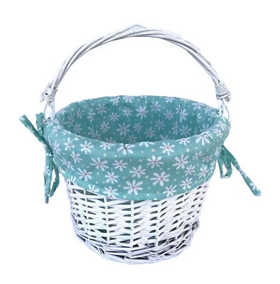 White Wicker Basket, Handle Folds Down, Aqua Blue Fabric Liner W/ Daisies Easter - Image 1 of 4