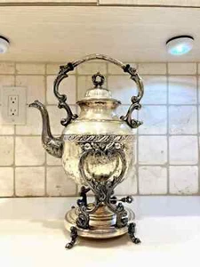Vintage Sterl Silver Plated on Copper Teapot on Tilting Stand w Burner Victorian - Picture 1 of 11
