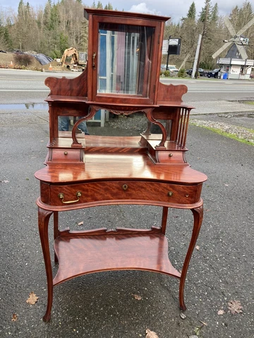 Antique RARE Flame Mahogany Writing Desk & Curio French Kidney Ornate Carved￼￼ Cover