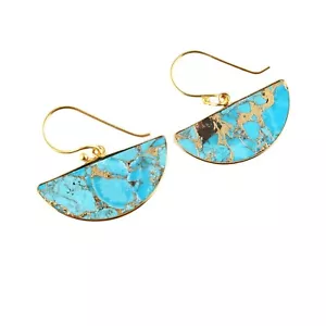 D Shape Copper Turquoise Gold Plated Drop Dangle Earrings, Turquoise Earrings - Picture 1 of 2