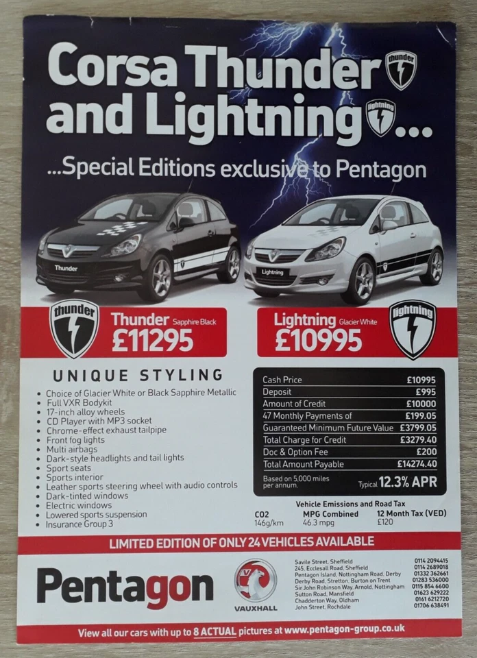 Vauxhall Corsa Thunder and Lightning Special Editions Brochure / Leaflet c.2011 - Image 1 of 3