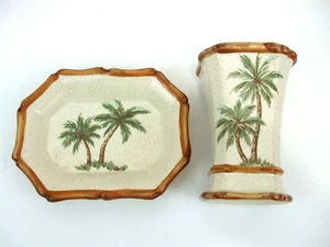 Spring Maid Palm Breeze Tropical Ceramic Drink Cup Soap Dish Monkey Tree Bath - Picture 1 of 7