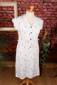 Vintage orig 70er Sommer Kleid weiß Muster Schluppenkragen Rockabella M - Bild 1 von 6