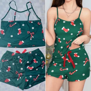 Christmas Print Cami Top&Shorts Pajama Set Sexy Nightwear Babydoll Sexy Lingerie - Picture 1 of 22