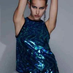 ZARA Piped Sequin Top – Blue with Black Trim | Size Large | Back Button Closure - Picture 1 of 14