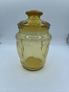 Barattolo vintage con coperchio vetro pressato ambra oro farmacia 7" stampa pollice ottimo - Foto 1 di 9