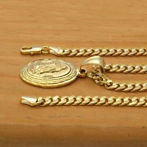 Mens 18k Gold Plated Mini Oval Guadalupe Pendant 5mm 24" Cuban Necklace Chain - Picture 1 of 7