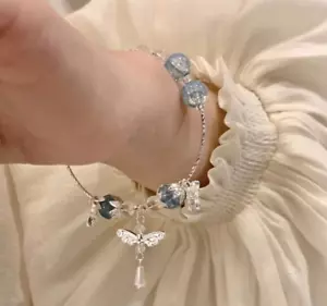925 Sterling Silver Butterfly Blue Pearls Bracelet Womens Girls Gifts Cute - Picture 1 of 5
