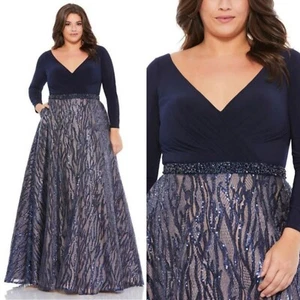 Mac Duggal 24W Vneck Jersey Knit Top Sequin Skirt Midnight Navy 67765 Dress - Picture 1 of 12